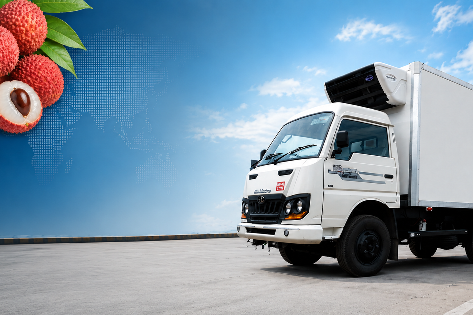 Reefer truck transporting fresh litchi for export during litchi season in India with temperature-controlled cold chain logistics